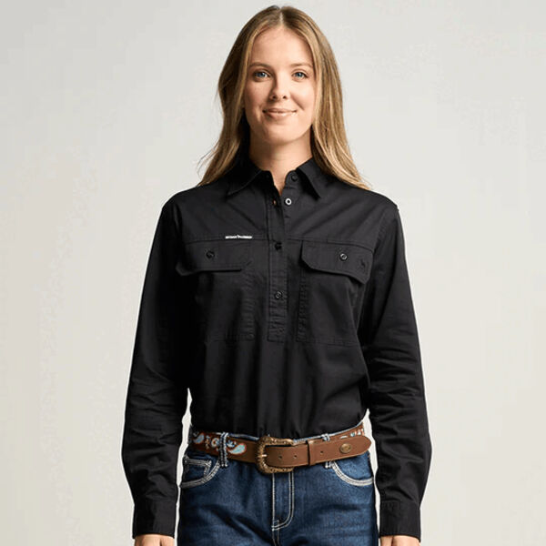 SOMERSET | Womens Half Button Long Sleeve Work Shirt - Black Thumbnail