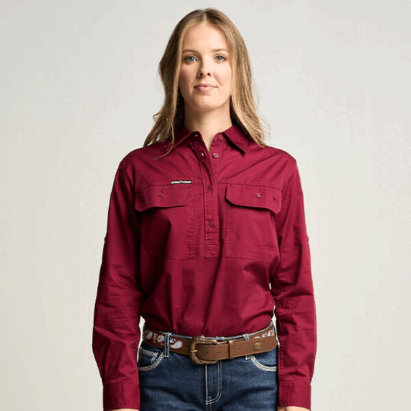 SOMERSET | Womens Half Button Long Sleeve Work Shirt - Burgundy Thumbnail
